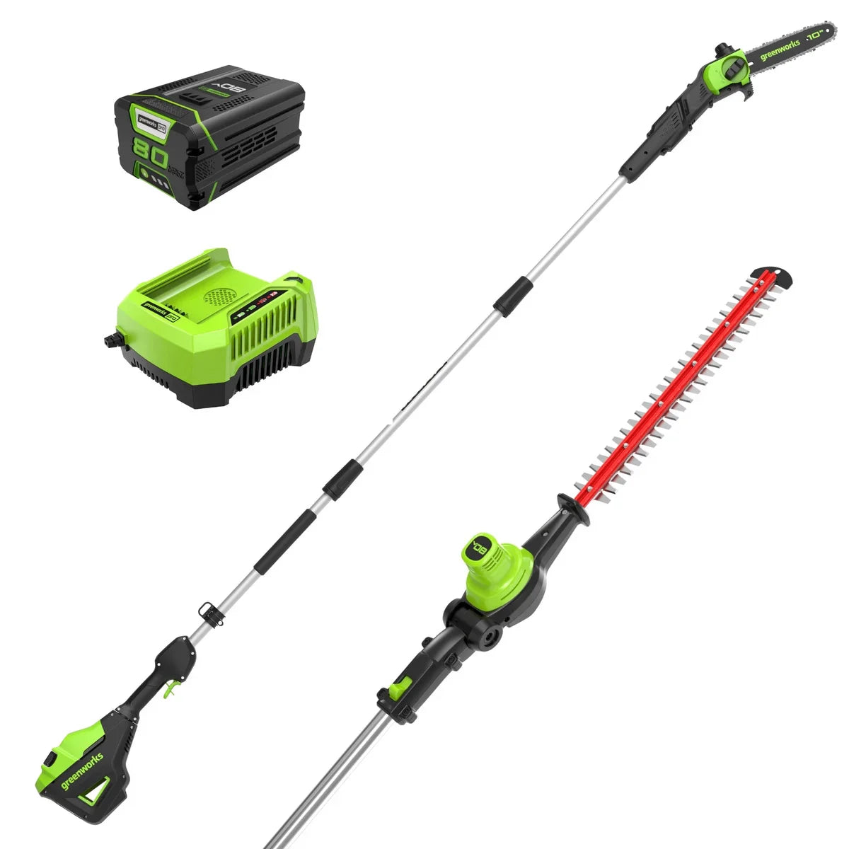 Greenworks Pro 80V 10" Pole Saw & 20’’ Pole Hedge Combo, 2.0 Ah Battery & Rapid Charger, Shoulder Strap Included