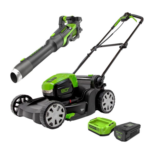 Greenworks 80V 17” Push Mower and 800 CFM 200 MPH Blower, 4Ah Battery and 2A Charger Included