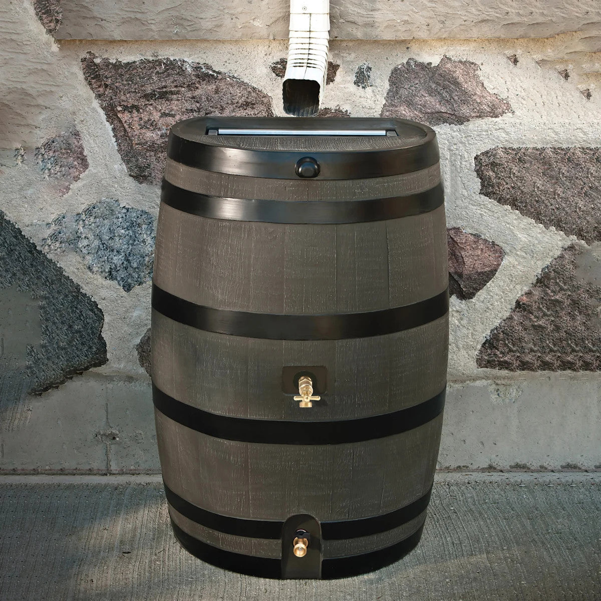 RTS Home Accents 50 Gallon Dual Brass Spigot Rain Barrel, Woodgrain with Black Stripes Color