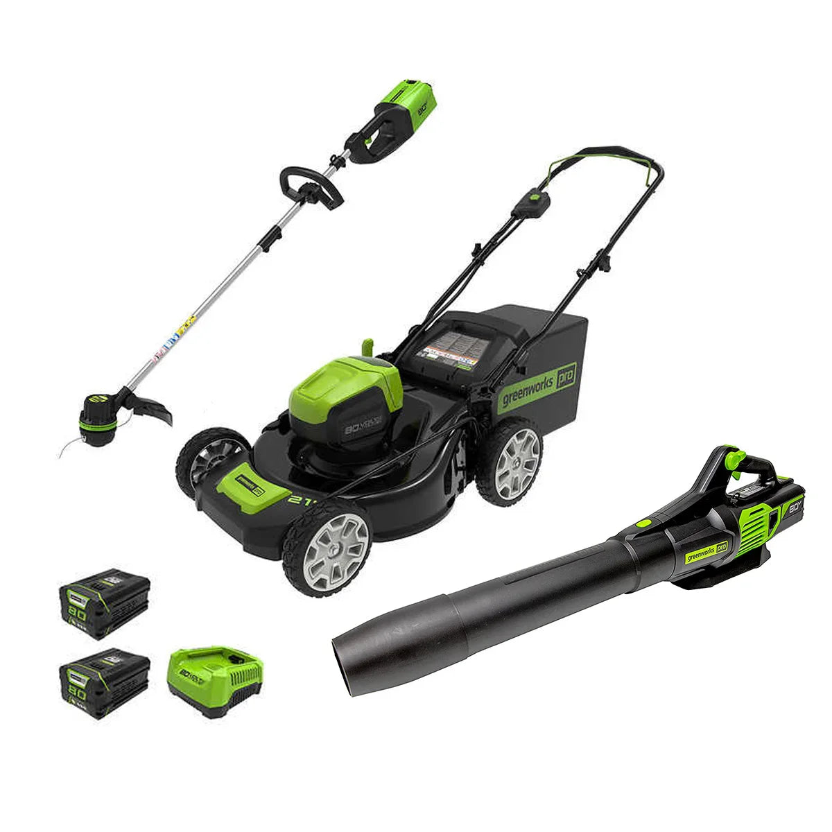 Greenworks 80V TRIO Combo 21-in Brushless Push Mower & 16-in Brushless String Trimmer & 730 CFM - 170 MPH Brushless Blower Combo, (2) 2.0Ah Batteries and 4A Rapid Charger Included