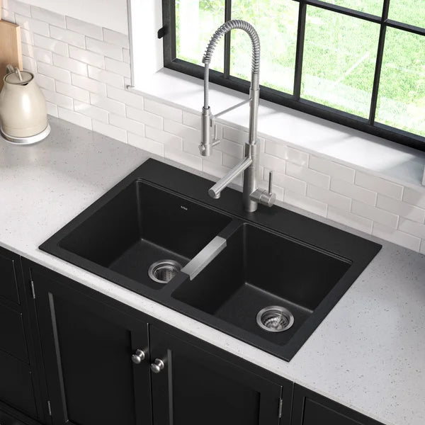 Kraus 33 in. Dual Mount Double Bowl Black Granite Kitchen Sink