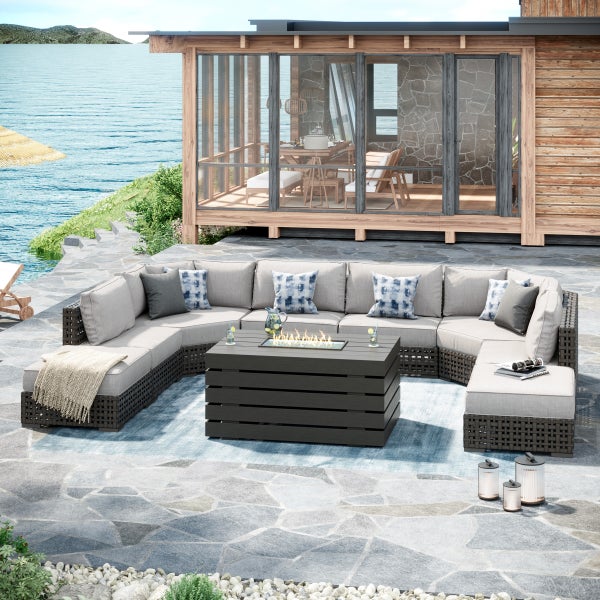 Oceanside 9-piece Patio Sectional Coversation Set with Fire Table