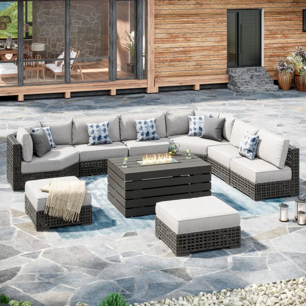 Oceanside 9-piece Patio Sectional Coversation Set with Fire Table