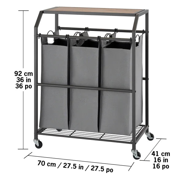 Trinity 3-bag Laundry Cart with Flip Top