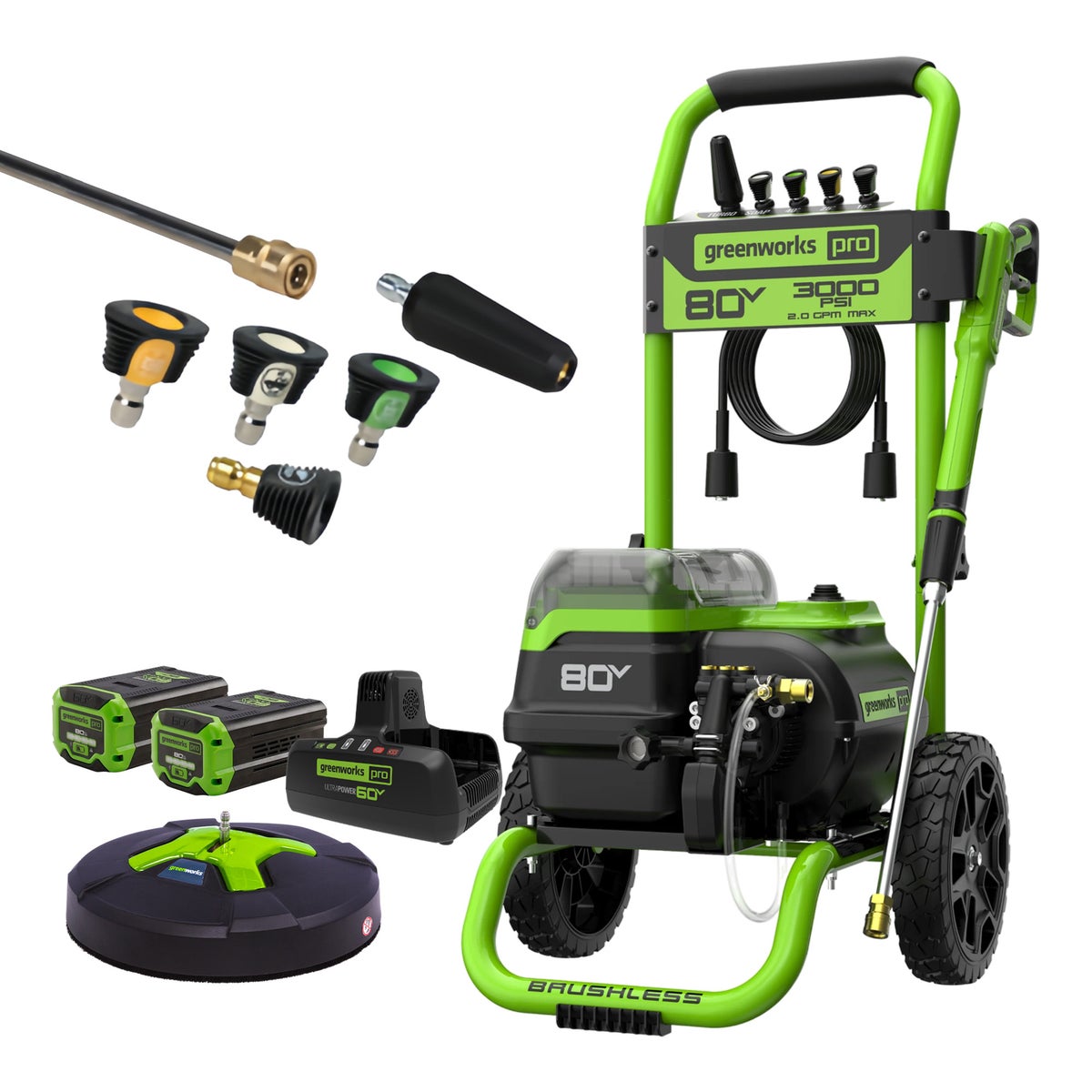 Greenworks 80V 3000 PSI 2.0 GPM Brushless Pressure Washer, (2) 4Ah Battery, 8A Dual-Port Charger and 15'' Surface Cleaner Included