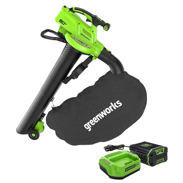 Greenworks 80V 3-in-1 520 CFM 240 MPH Blower Vacuum, 4.0Ah Battery and 2A Charger Included