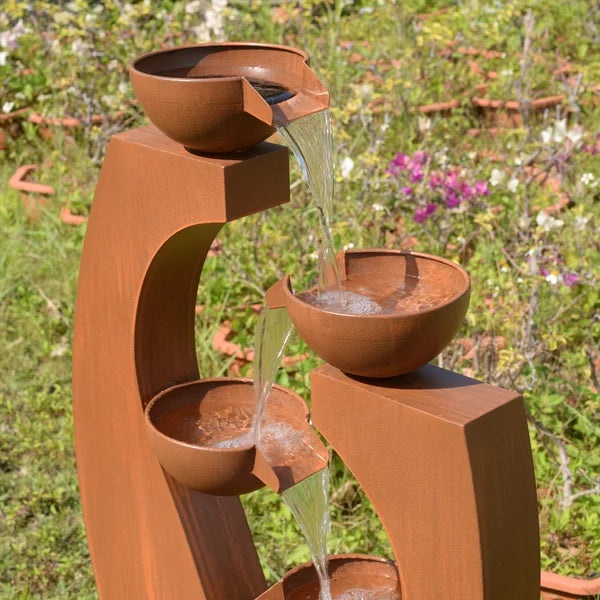 Outdoor Metal Cups Fountain with Rusty Top and Black Basin