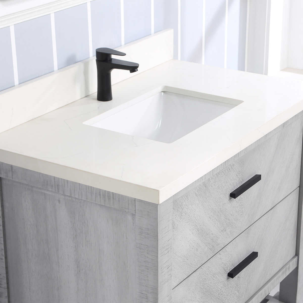 Northridge Home Chevron Single Vanity With Carrara Quartz Countertop, 36 in.