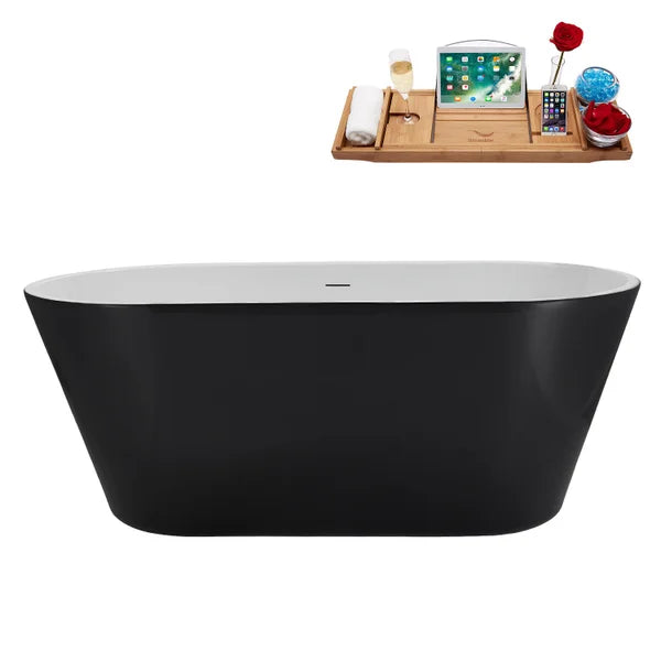 Streamline 59 in. Freestanding Bathtub with Expandable Bamboo Bathtub Caddy