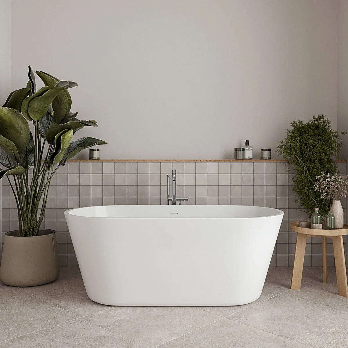 Streamline 59 in. Freestanding Bathtub with Expandable Bamboo Bathtub Caddy