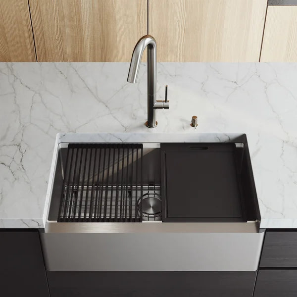 VIGO Oxford Stainless Steel Flat Front Farmhouse Kitchen Sink Workstation