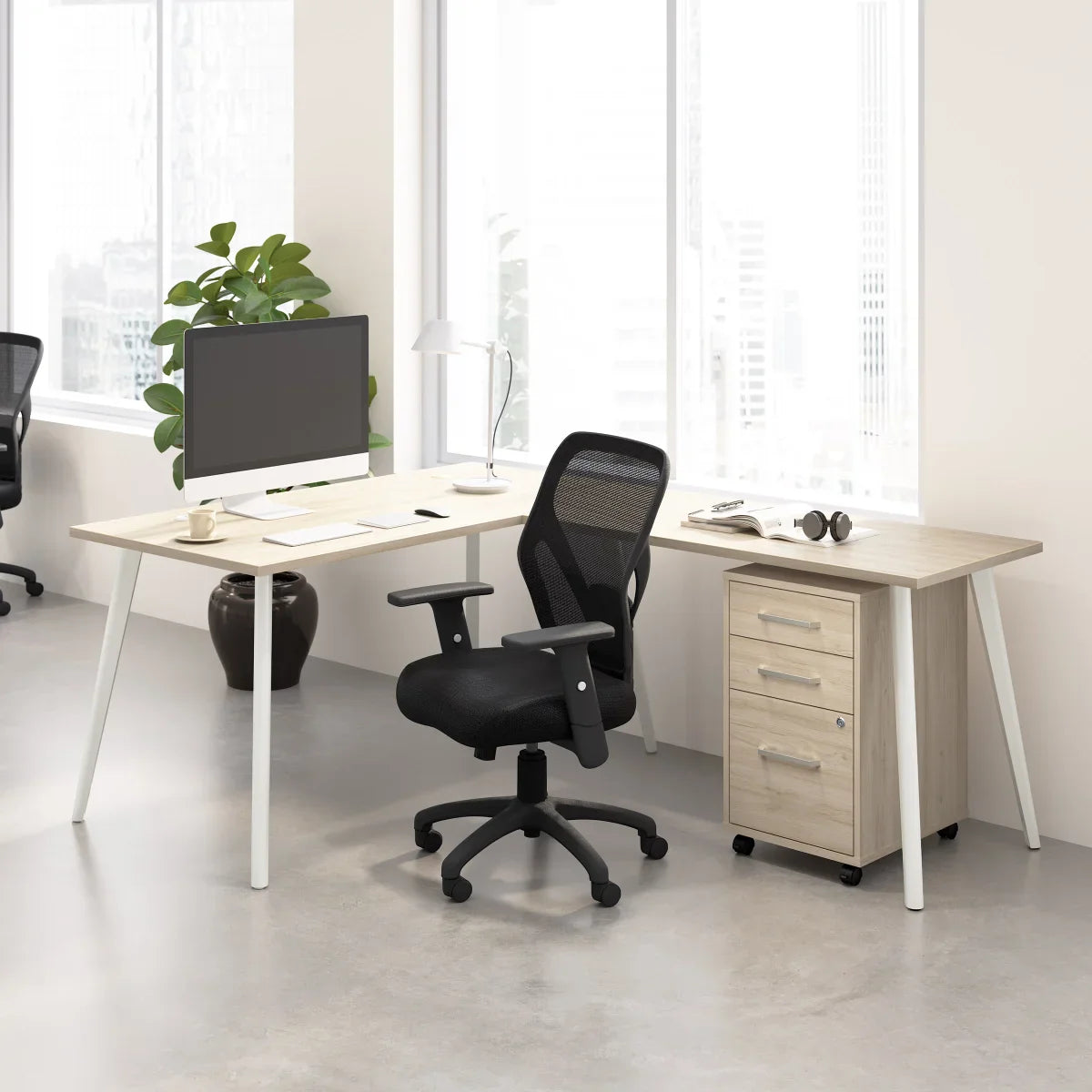 Office Pro Strive L-shaped Desk with Rolling File Cabinet