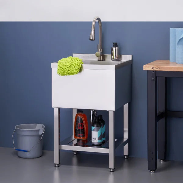 TRINITY Stainless Steel Utility Sink with Shelf and Pullout Faucet