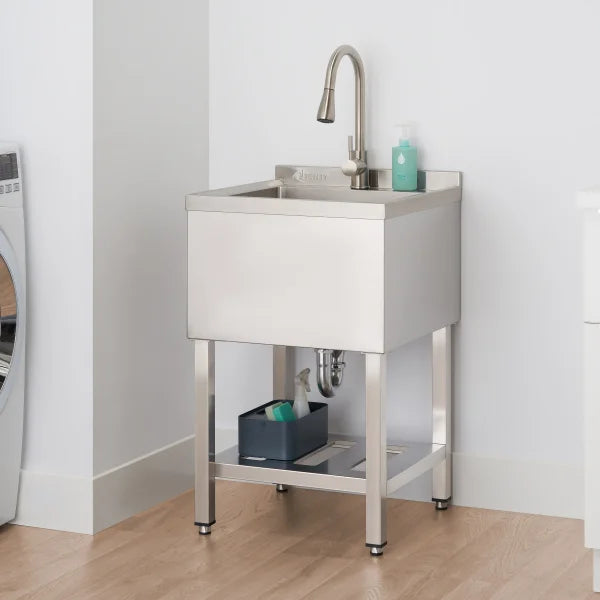 TRINITY Stainless Steel Utility Sink with Shelf and Pullout Faucet