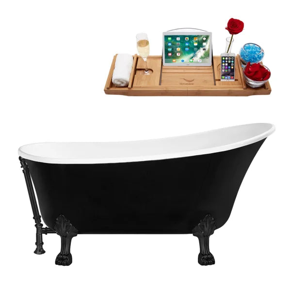 Streamline Freestanding Clawfoot Bathtub with Expandable Bamboo Bathtub Caddy