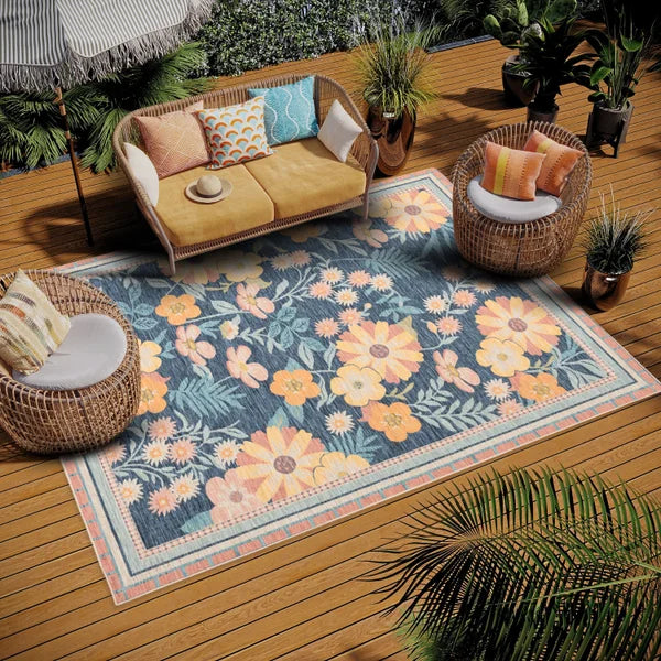 Viana Amalfi Collection Navy Floral Indoor/Outdoor Area Rug