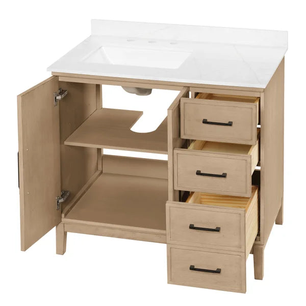 OVE Decors Codey Vanity in Sahara Birch Finish with Calacatta Quartz Countertop