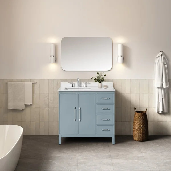 OVE Decors Codey Vanity in Blue Finish with Calacatta Quartz Countertop