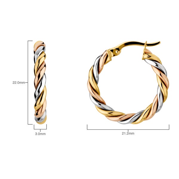 Twisted Hoop Earrings in Three Tone Gold