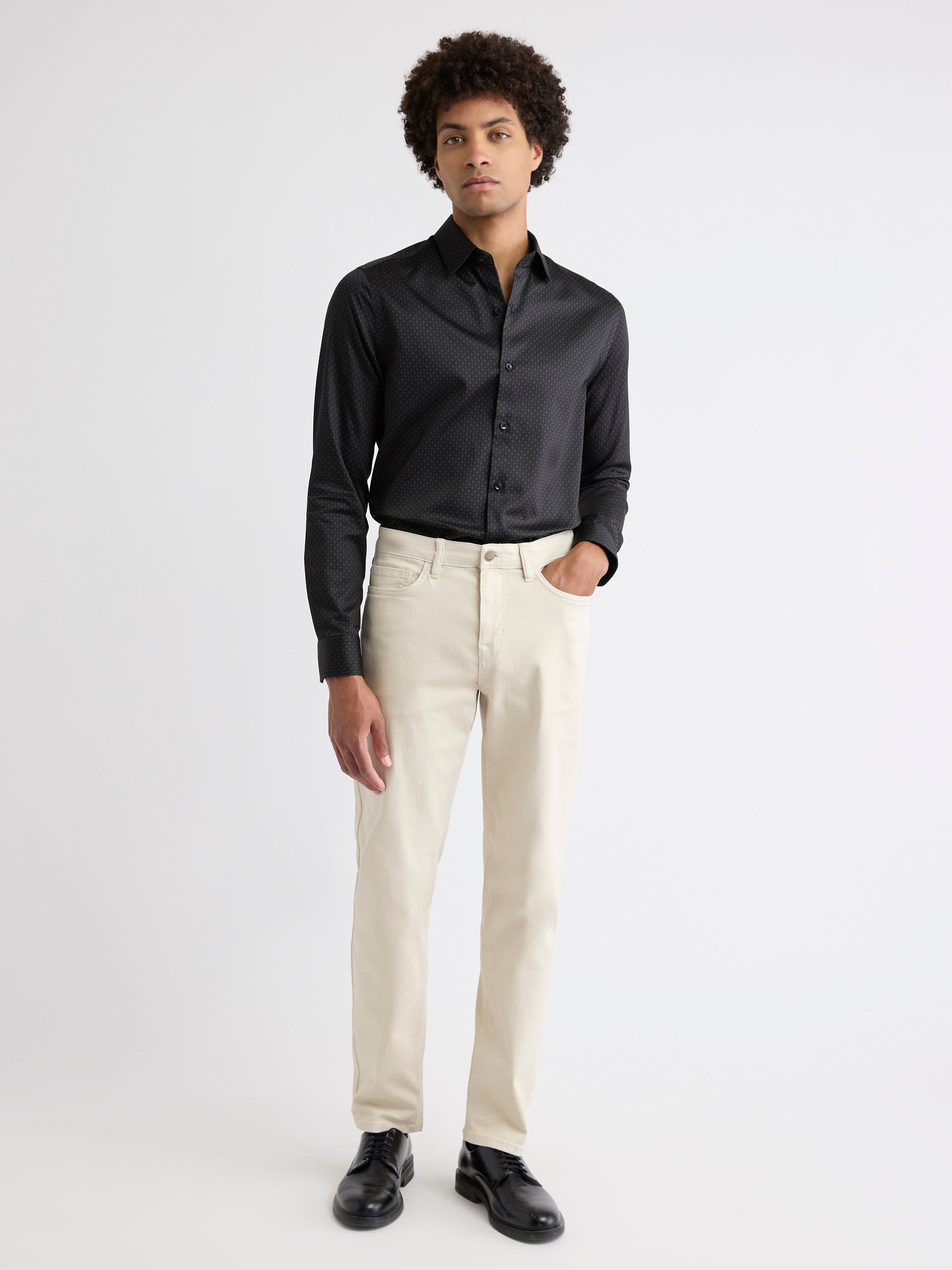 Black Slim-Fit Dress Shirt with Geo Pattern