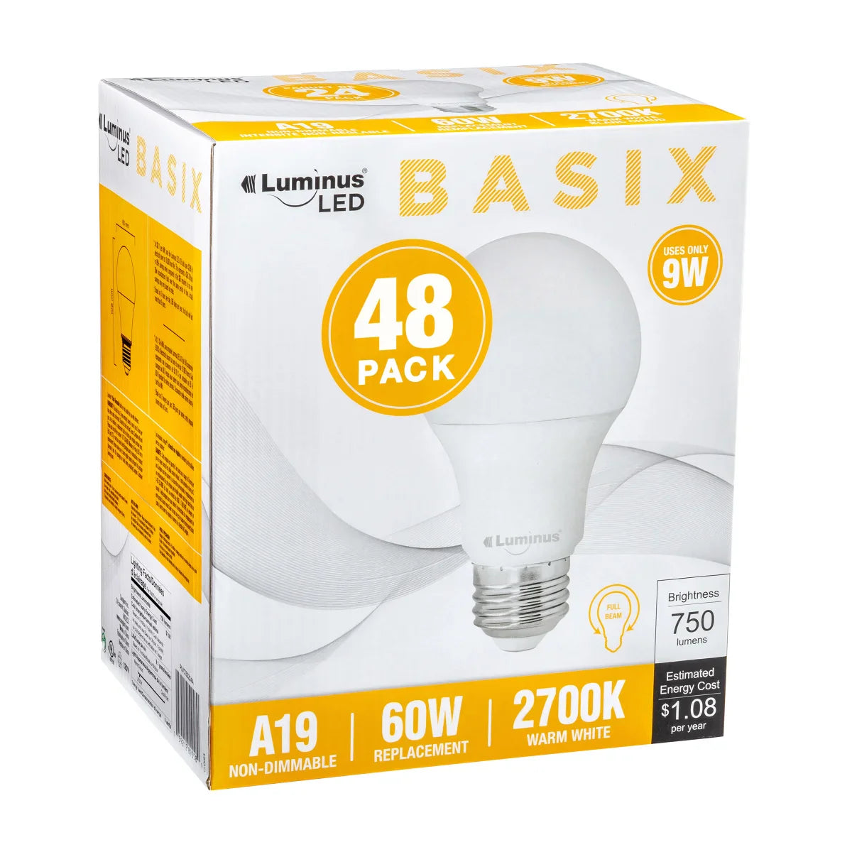 Luminus Basix A19 9 W 750 Lumens LED Light Bulb, Pack of 48