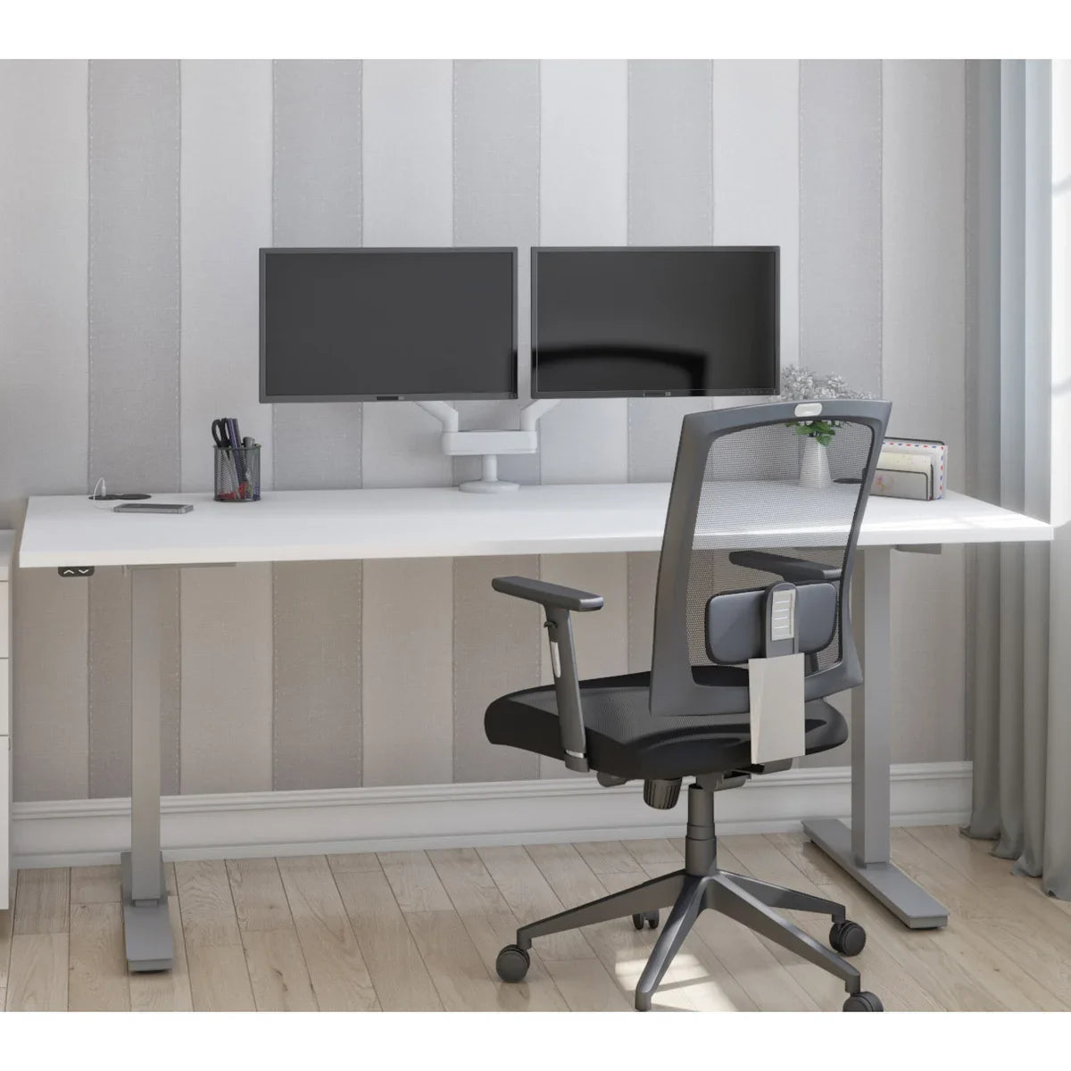 Bestar Upstand 76.2 cm × 182.9 cm (30 in. × 72 in.) Height-adjustable Desk with Dual Monitor Arm