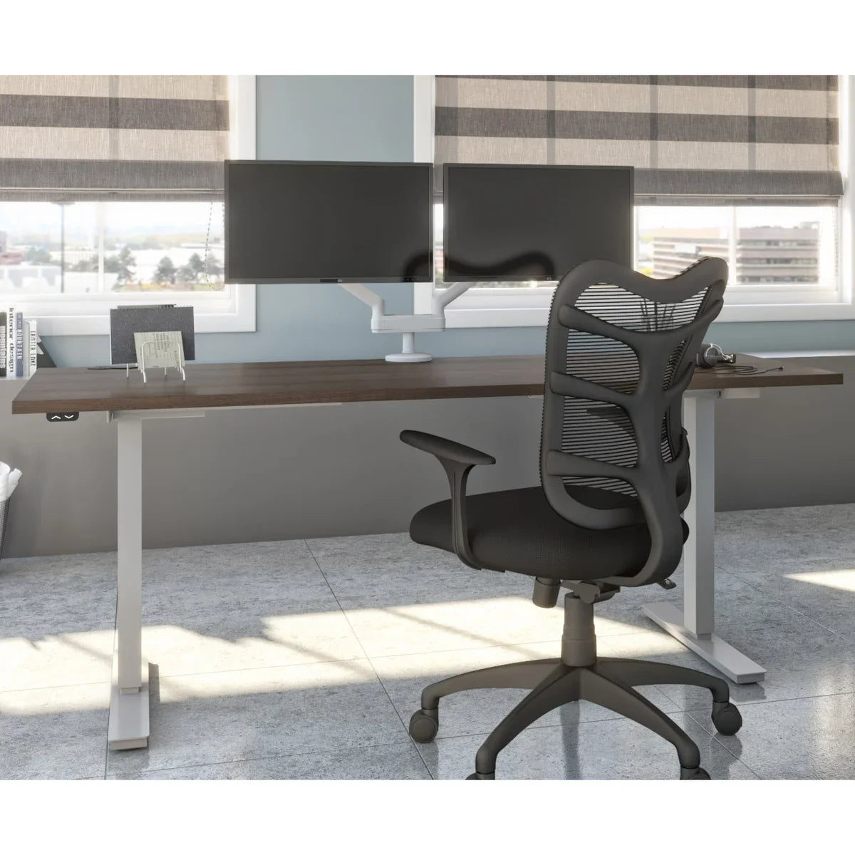 Bestar Upstand 76.2 cm × 182.9 cm (30 in. × 72 in.) Height-adjustable Desk with Dual Monitor Arm
