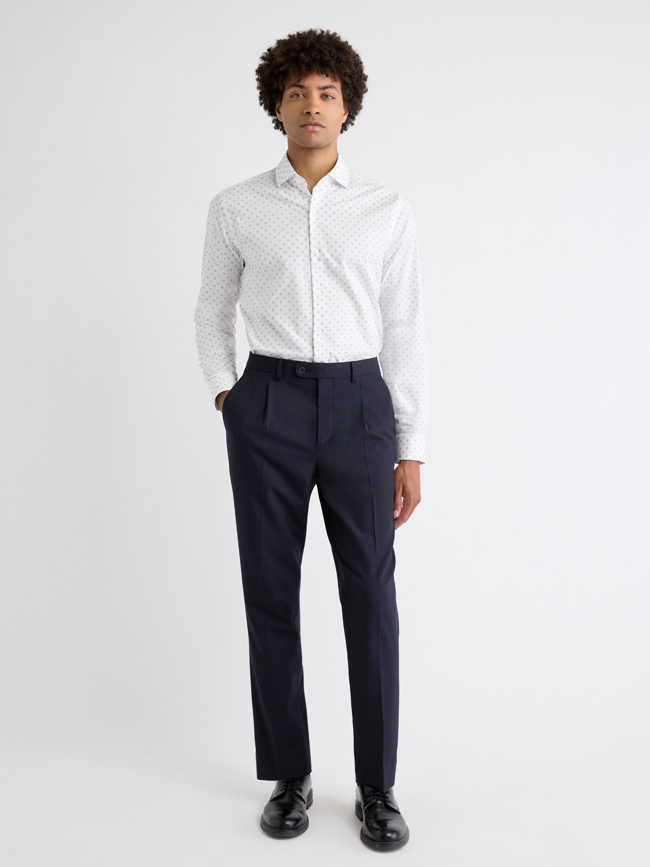White Tailored-Fit Dress Shirt with Geo Pattern