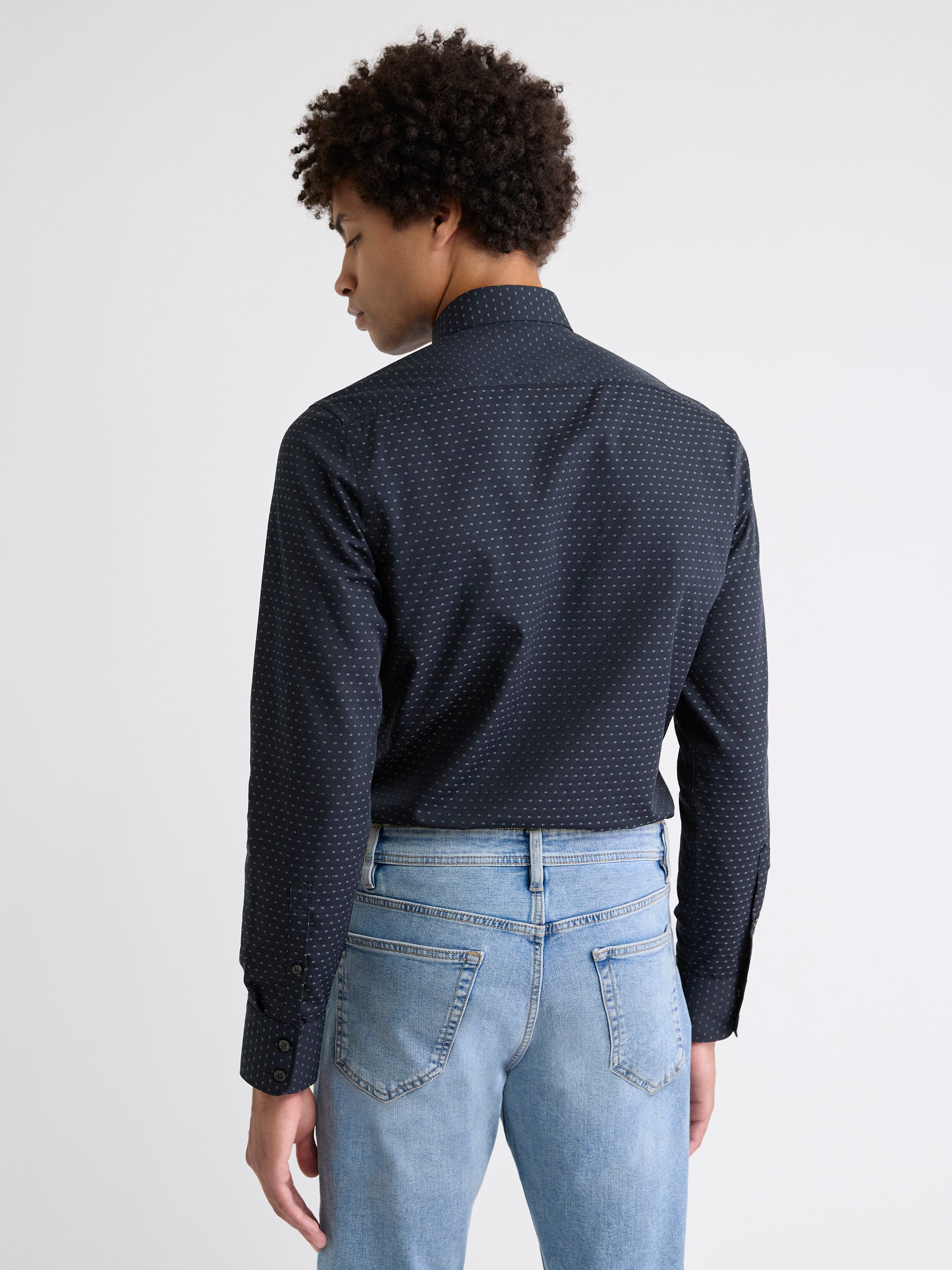 Navy Slim-Fit Dress Shirt with Geo Pattern