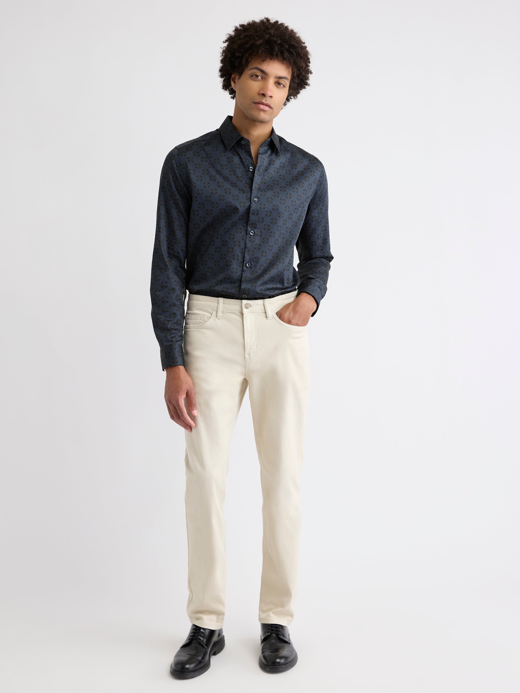 Navy Tailored-Fit Dress Shirt with Geo Pattern