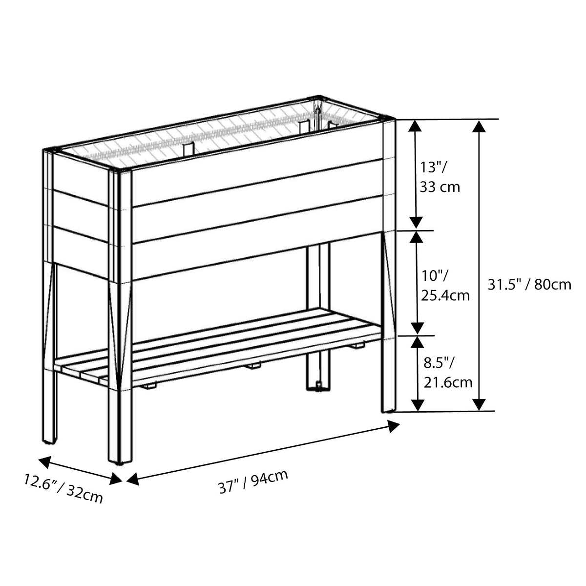 Grapevine Urban Garden Raised Planter, Recycled Wood and Metal, with Shelf