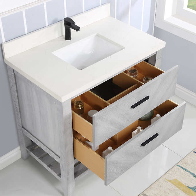 Northridge Home Chevron Single Vanity With Carrara Quartz Countertop, 36 in.